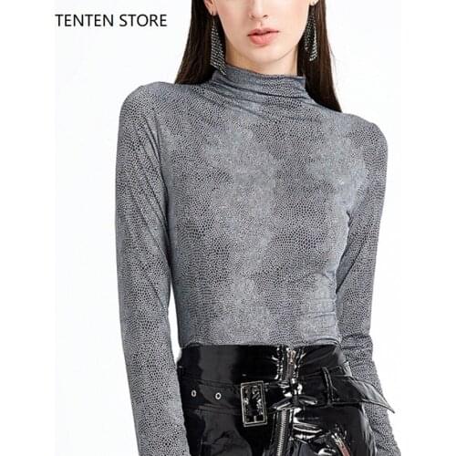 Fall winter turtle neck snake print t shirt womens long sleeves pullovers high neck basic casual jumper plus sizes S-2XL