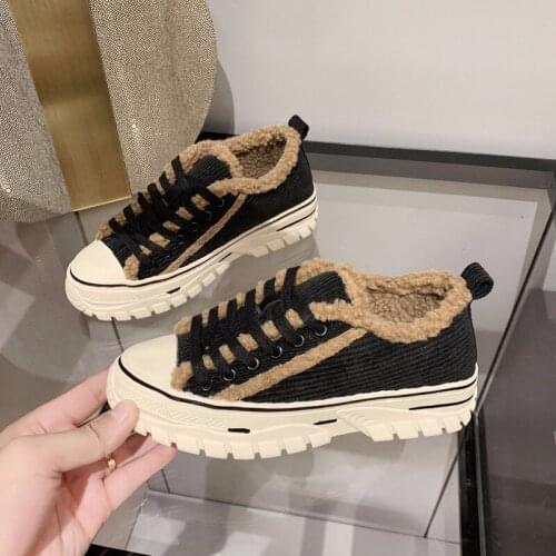 Fur Warm Lace Up Platform Sneakers Women Vulcanize Shoes Tenis Feminino Casual Female Flat Canvas Shoes Sapatilhas Mulher R4-59