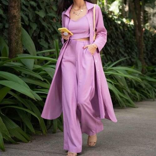 2021 Fashion Long Coat Pants and Crop Top Three Piece Set Women Elegant Smock Office Lady Trousers Vest Sexy Suit Womens Outfits