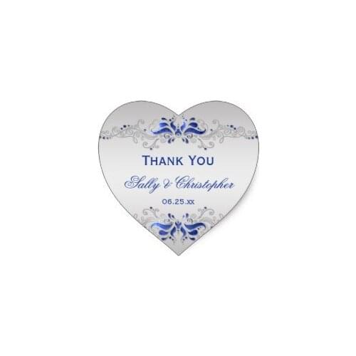 3.8cm Ornate Blue and Silver Swirls Heart Wedding Favor Heart Sticker