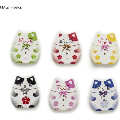 30pcs Lucky Cat Wood Buttons for Sewing Scrapbooking Clothing Headwear Handmade Crafts Home Decor Accessories DIY 25x22mm
