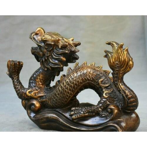 9.6" Old China Bronze Feng Shui Zodiac Year Dragon Loong Luck Statue