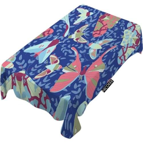 Abstract Colorful Butterflies Floral Flower Blue Leaf Fashion Printed Polyester Fabrics Tablecloth
