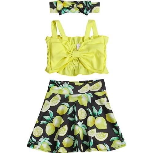 2021 0-3Y Summer Kids Baby Girl Clothes Solid Color Bow Tube Top Vest+Lemon Print A-line Skirt+Headband Cute 3pcs Set