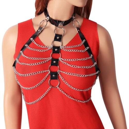 Chain Metal Leather Belt Black Sexy Lingerie Top Cage Chest Hollow Plus Size Adjust Festival Rave Dance Harness Bra Punk Goth