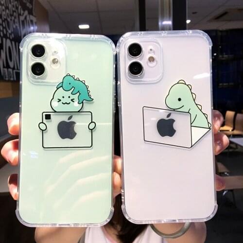 Cartoon Dinosaur Playing Computer Phone Cases for iPhone 12 11 Pro Max Mini Shockproof Soft Tpu Cover for iPhone X XR XS Max Se