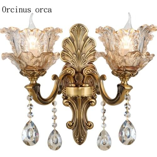 European luxury copper wall lamp corridor bedroom bedside lamp creative personality LED double head crystal wall lamp