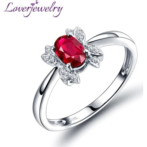 Red Ruby Rings For Women Real 18K White Gold Natural Ruby Ring Oval 4x6mm Gemstone Diamond Party Engagement Classic Fine Jewelry