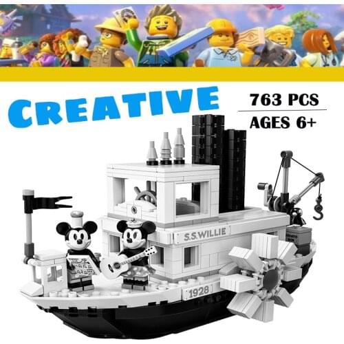 Creative Toy series Building Blocks Minnie Mickey Steamboat Bricks Cartoon Mouse Educational Toys for Girls Boys Kids Gift