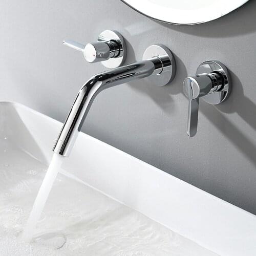 Mounted on the wall of the bathroom double tap handles mixer basin hidden hot and cold chrome bronze sink of the bath water