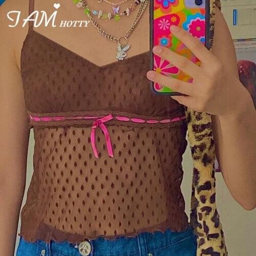 Kawaii Mesh Pinted Ribbons Patchwork y2k Crop Top Women Vintage Frill Lace Patchwork V Neck Cami Tops Summer Vest 2021 Iamhotty
