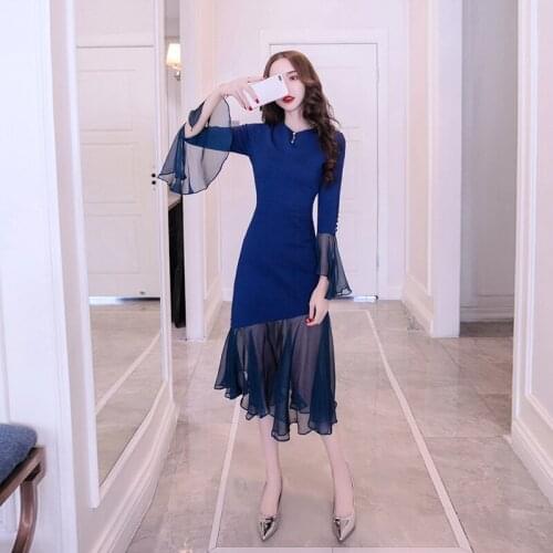 Fashion women new arrival personality slim temperament o-neck party flash simple comfortable lace perspective trumpet dress