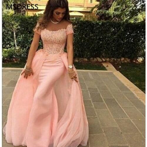 Muslim Evening Dress 2019 Mermaid Cap Sleeves Tulle Lace Dubai Kaftan Saudi Arabic Pink Long Evening Gown Detachable Train