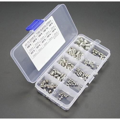 200pcs Hex Grub Screws Kit Set Screws 304 Stainless Steel M3/M4/M5/M6/M8 Grub Screw Assortment Packed in Organizer Box