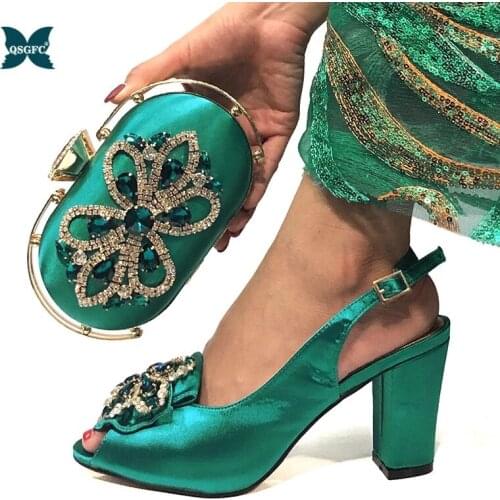 2020 Lastest Ladies Italian design Shoes and Bag Set Decorated with Rhinestone Rhinestone Wedding Party Shoe in Teal Color