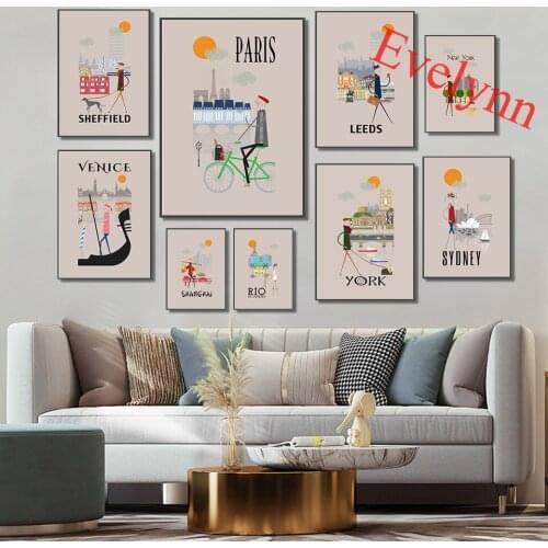 City Skyline Travel Posters London Paris New York Sydney Venice Shanghai Rio Leeds City Modern Home Decor Canvas Wall Art Print