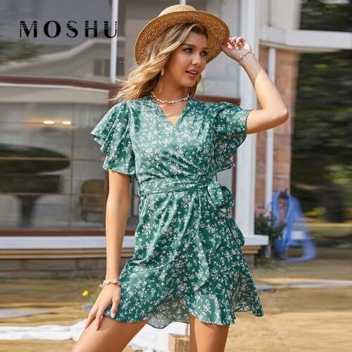 Summer Boho Dress Women Butterfly Short Sleeve High Waist V-neck Ruffled A-line Dress Ladies Beach Style Mini Chiffon Vestido