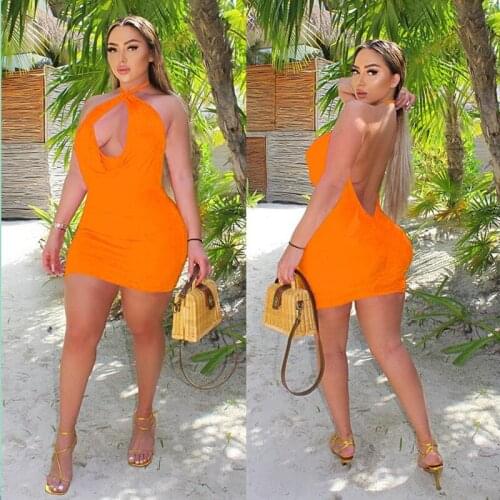 SKMY 2021 Summer New Fashion Folds Hanging Neck Womens Clothing Sexy V-Neck Low-Cut Evening Party Halter Slim Bag Hip Dress