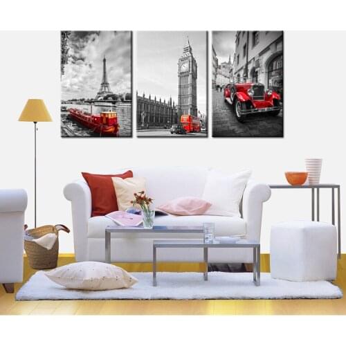 JIE DO ART Modern Canvas Living Room Home Decor 3 Panel Eiffel Tower Big Ben Paris Printed Pictures Painting Wall