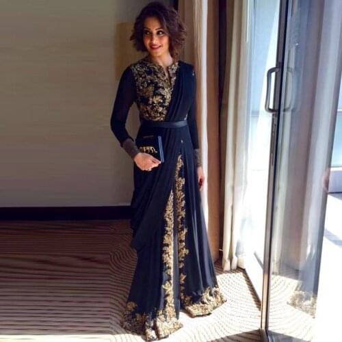 Navy Blue Abaya Long Sleeve Muslim Evening Dress Lace Prom Dresses 2019 Women Special Occasion Dress Islamic Arabic Dresses Gown