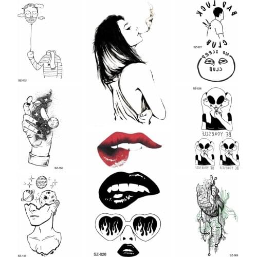 10.5x6CM Temporary Tattoo Sexy Lips Stickers Women Sexy Mouth Fake Tattoo Smoking Girl Planet Waterproof Tatoos Men Arm Totem