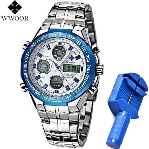 WWOOR Dual Display Man Watch Chronograph Alarm Waterproof Blue LED Watch Men Sports Quartz Wrist Watch Calendar Week Male Clock