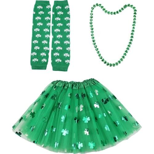 0-8Y St Patricks Day Clothes Green Glove Necklace Petticoats 3 Layers Tulle Skirts Kids Girls Tutu Skirt Holiday Party Costume