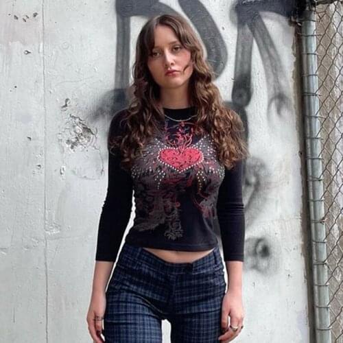 Goth Black Woman Tshirts Diamond Heart Print Cute Graphic E Girl Baby Tee Y2K Fashion Long Sleeve Slim Autumn Tops Crop