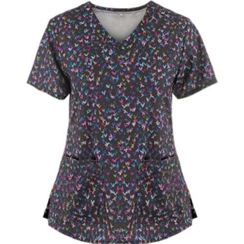 Women Cartoon Print Blouse Cotton Soft With Pocket Short Sleeve V-neck Tops Nursing Accessories Working Uniform Femme Tops 2021