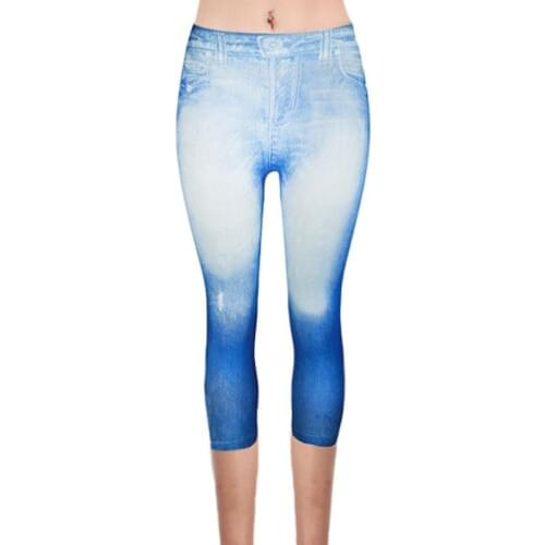 Womens Plus Size Fake Jeans Capri Pants Retro Wash Color Butterfly Denim Print Leggings High Waist Cropped Elastic Tights XS-3XL