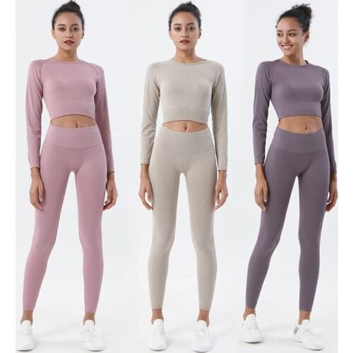 CHREIFIT Running Sports Sets Women Seamless Quick Dry Running Workout Sets Long Sleeve Crop Top & Leggings 2 Pcs Women Yoga Suit