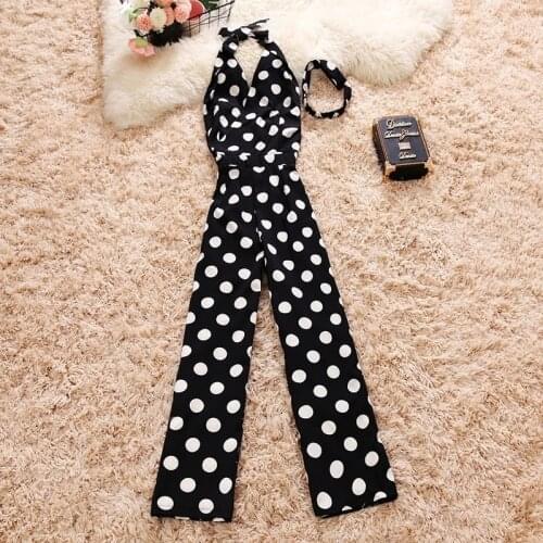 2021 Summer New Temperament Hanging Neck Sleeveless V-neck Polka Dot Jumpsuit High Waist Strapless Wide Leg Trousers Female 6322