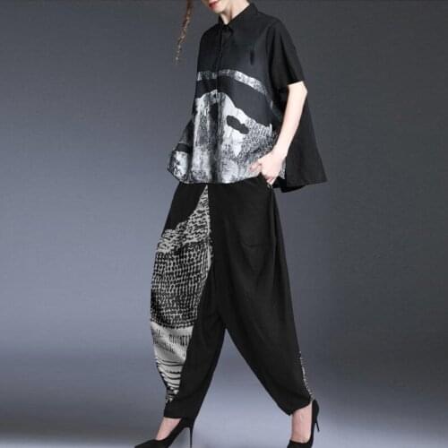 New Plus Size Two Piece Set Women Printed Loose Short Sleeved Shirt Casual Harem Pants Suit Spring Summer Clothes Vetement Femme
