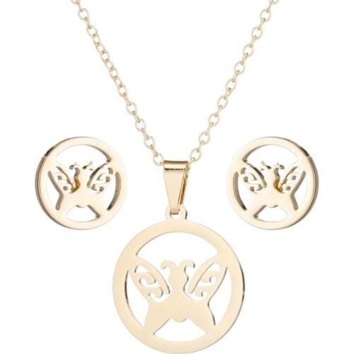 AsJerlya 2021 New Arrival Stainless Steel Butterfly Jewelry For Women Gold Silver Color Necklace Earrings Collar Dropshipping