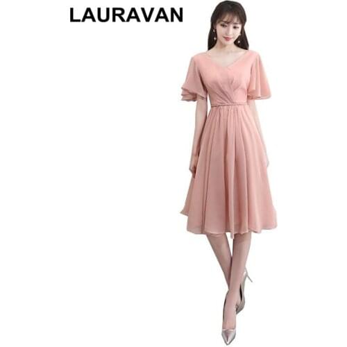 Special occasion short formal robe de soiree blush pink chiffon capped v neck dress party bridesmaid elegant 2020 new arrival