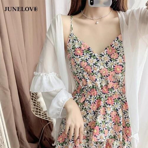 JuneLove Female Summer Two-Piece Outfit Woman Dress Vestido Casual Dress Long Sleeve Chiffon Spaghetti-Strap Floral Print Dress