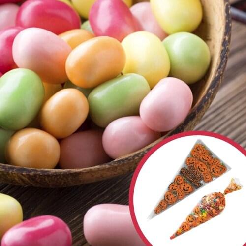 100pcs Halloween Candy Cone Bag Party Popcorn Ice Cream Cookies Biscuits Storage Plastic Cone Pouch Pumpkin Christmas