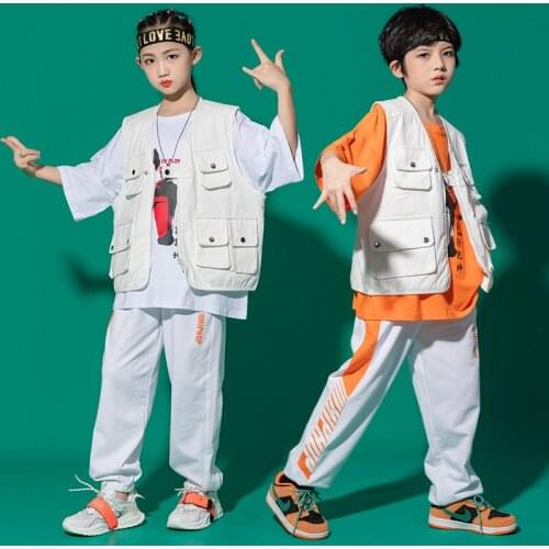 2021 Tide Hip Hop Costumes Kids Street Dance Wear White Tops Vest Pants Loose Jazz Performance Stage Clothes Rave Wear BL7037