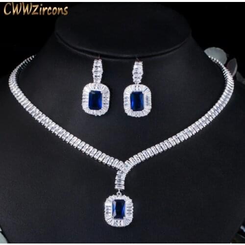 CWWZircons Bling Square Drop Dark Blue Cubic Zircon Necklace and Earrings Women Party Jewelry Set for Wedding Brides T507