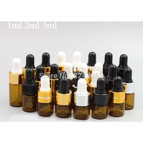 1ml2ml3ml Glass Amber Cosmetic Perfume Dropper Pipette Bottle, Empty Essential Oil Serum Refillable Brown Vials, 50/100/200pcs