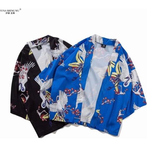 Crane Print Japanese Style Samurai Kimono Streetwear Men Women Cardigan Japan Harajuku Robe Clothes Beach Kimono Shirt Jacket