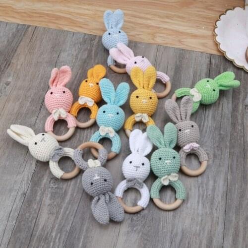 BPA Free Safe Crochet Baby Teether Cartoon Bunny Wooden Rattle Toys DIY Infant Newborn Teething Ring Baby Stroller Cot Baby Toy