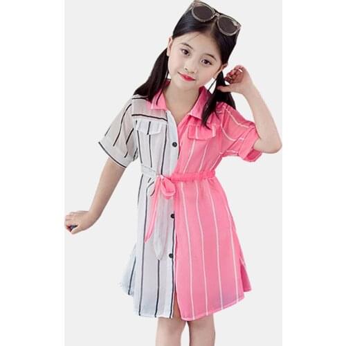 Girls Summer Dress Striped Blouse Dress For Girl Patchwork Kid Shirt Dress Teenage School Costume