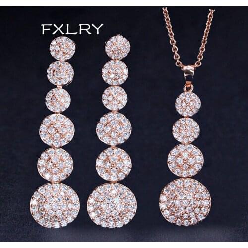FXLRY Hot Sale Rose Gold Color Micro Pave Cubic Zirconia Stones Round Long Drop Necklace Earrings Jewelry Sets For Women
