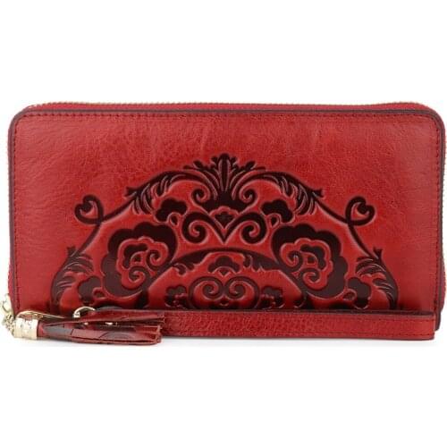 2019 Fashion Women Embossing Floral Wallet Purse Female Long Genuine Cow Leather Red/Green/Black Ladies Coin Wallets Mini Wallet