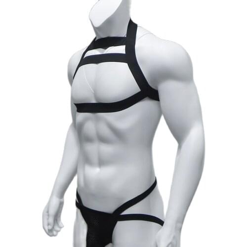 Body Chest Lingerie Bondage Harness Thongs Set Mens Jockstrap G-string Elastic Straps Sexy Hollow Out Halter Neck Costume
