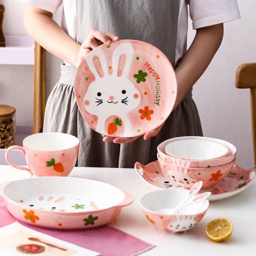 New Adorable Rabbit Tableware Childrens Cartoon Household Bowl and Spoon Creative Rice Bowl Breakfast Plate Ceramic Tableware