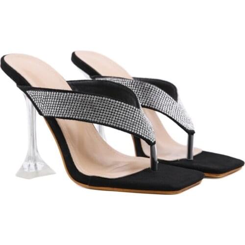 2021 Newest Popular Fashion Strange High Heels Slippers Women Summer Square Toe Crystal Rhinestone Sandals Ladies Shoes