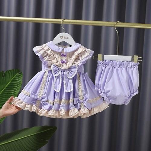 Summer Girl Kids Lolita Princess Fairy Dress Clothes Set Ruffles Lace Bow Children Baby Infants Dresses+PP Short Pants S12147