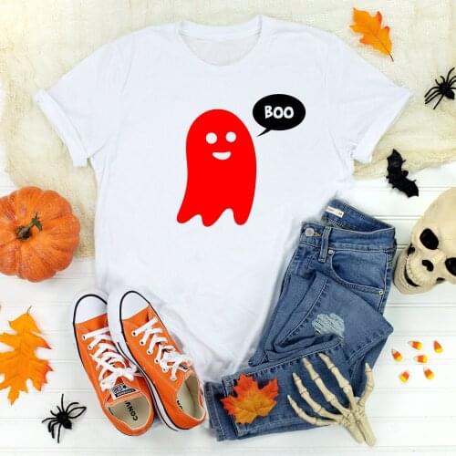 Casual Ladies Basic O-collar Short Sleeved Cute Ghost Print Harajuku Top Women T-shirt Women T-shirt Girl,Drop Ship